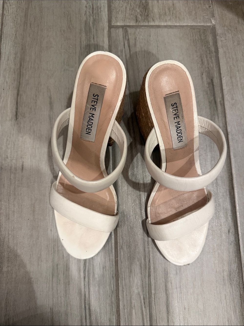 Steve Madden White Double Band Cork Wedge Sandals